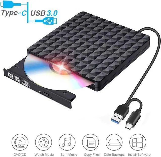 Main image of External CD Drive, Portable Slim USB-C/USB3.0 DVD CD Player Burner RW Writer, Copier, Reader for Laptop, Notebook, Desktop, Mac, Support Windows 7/8/ 10/ XP/Mac OS, Diamond Pattern