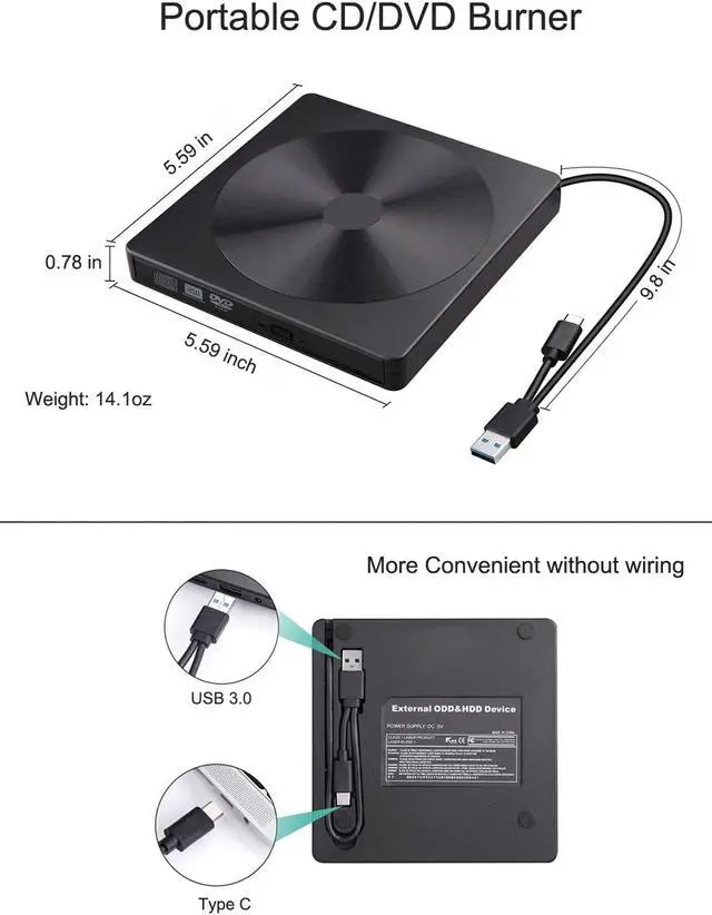 Alt view image 3 of 7 - Jansicotek External CD DVD Drive USB 3.0 Type-C Portable CD/DVD ROM Drive Burner Rewriter  for Windows Linux Mac Laptop Desktop, MacBook Pro/Air, iMac( YX-008 )