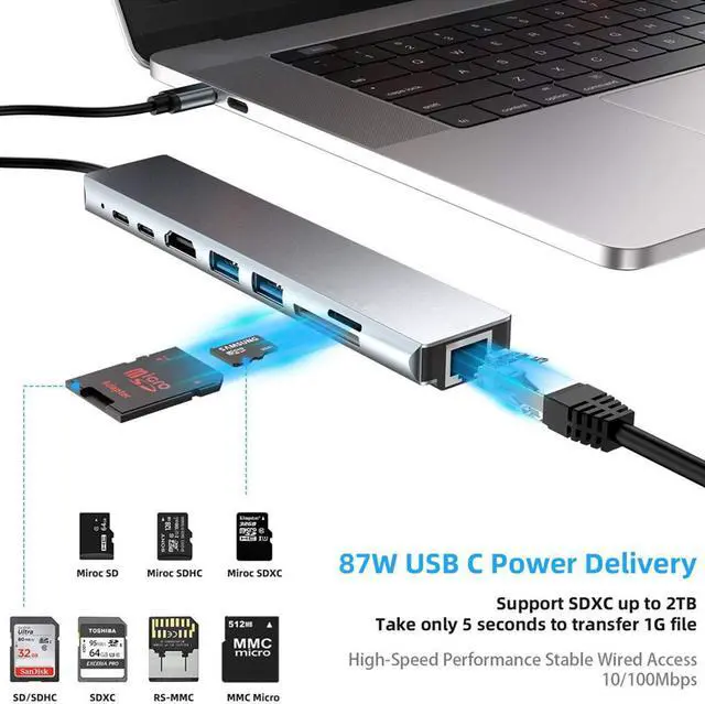 Alt view image 7 of 7 - USB C Hub, 8-in-1 Type C Adapter Mini Docking Station with 4K HDMI, RJ45 Port, 2 USB 3.0 Ports, SD/TF Card Reader, 87W Power Supply,Type-C Data Port for iPad Pro/MacBook/Type C Devices