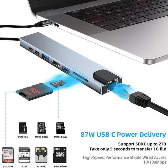 Alt view image 4 of 7 - USB C Hub, 8-In-1 Type C Hub with Ethernet Port, 4K USB C to HDMI,USB3.0/USB2.0 Ports, SD/TF Card Reader, USB-C Power Delivery, Type-C Data Port Portable for Mac Pro and Other Type C Laptops