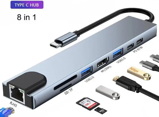 Main image of Type-C Hub,8 in 1 Type-C Adapter,4K HDMI,Memory Card Reader,USB2.0,Portable Converter,Support for Linux/Windows XP/Windows/Vista/Chrome OS/Windows10 System