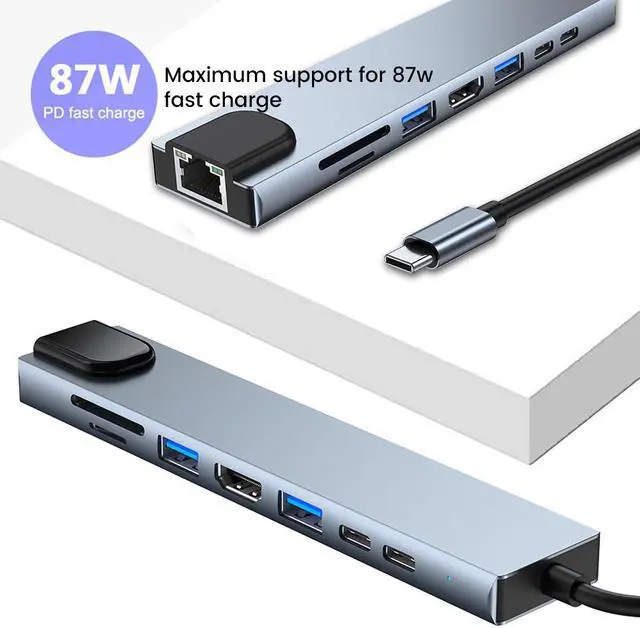 Alt view image 4 of 7 - USB C Hub, 8-in-1 Type C Multiport Hub Adapter with RJ45 Ethernet, 4K HDMI, USB-C PD Charging Port,Type-C Data Port, USB3.0/USB2.0, SD/TF Cards Reader USB C Dock for MacBook/Pro/Air and More