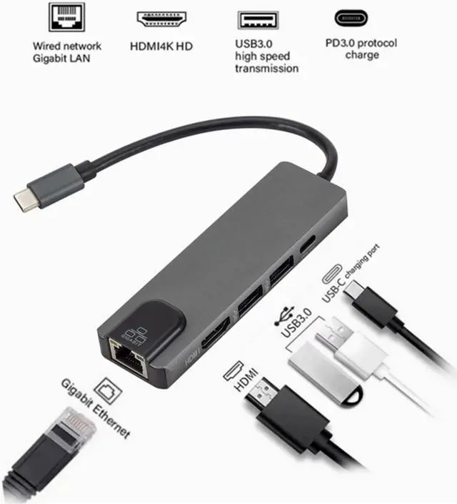Main image of 5 in 1 USB Type C Hub Hdmi 4K USB C Hub to Gigabit Ethernet Rj45 Lan Adapter for Mac book Pro Thunderbolt 3 USB-C Charger