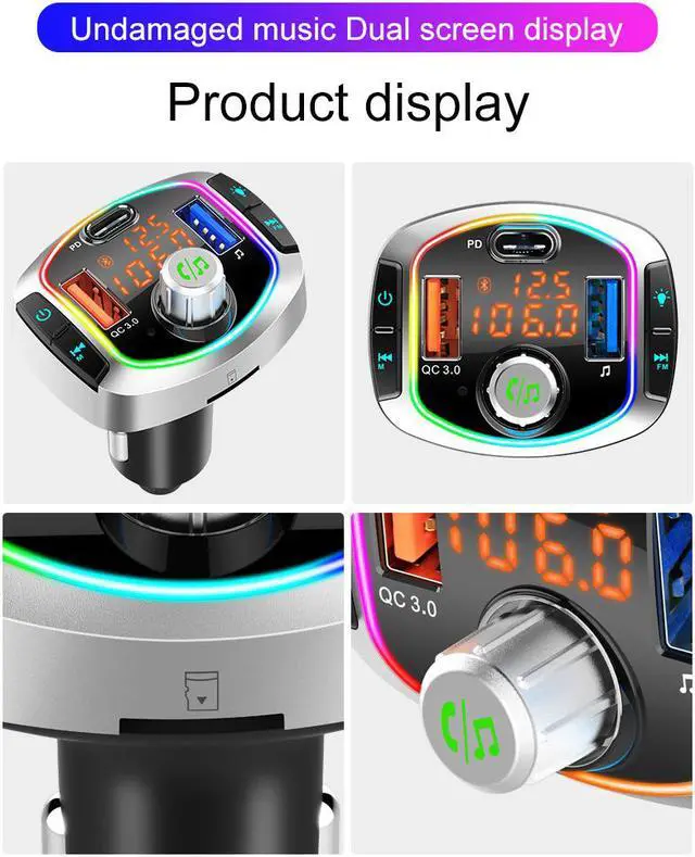 Alt view image 2 of 7 - Bluetooth 5.0 FM Transmitter Car MP3 Player Hands-Free Car Kit Wireless Radio Audio Adapter with Dual USB QC3.0/18W+USB-C  2USB Port, U Disk, TF Card, Folder Playback, AUX Input Output, 7 LED Backlit