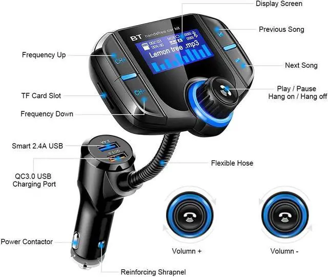 Alt view image 2 of 7 - SmartCharge BT70 Bluetooth FM Transmitter with 1.7 Inch led Display, Wireless Audio Adapter and Receiver, Car Charger Bluetooth FM Transmitter for Car