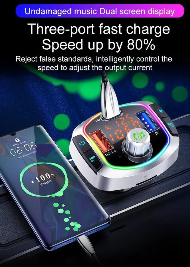 Alt view image 6 of 7 - SmartCharge BC63 Bluetooth 5.0 FM Transmitter with 7 LED Backlit, QC3.0+USB-C, Wireless Audio Adapter and Receiver, Car Charger Bluetooth FM Transmitter for Car