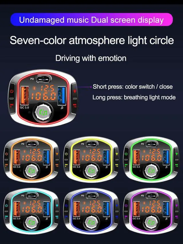 Alt view image 6 of 7 - Bluetooth 5.0 FM Transmitter Car MP3 Player Hands-Free Car Kit Wireless Radio Audio Adapter with Dual USB QC3.0/18W+USB-C  2USB Port, U Disk, TF Card, Folder Playback, AUX Input Output, 7 LED Backlit