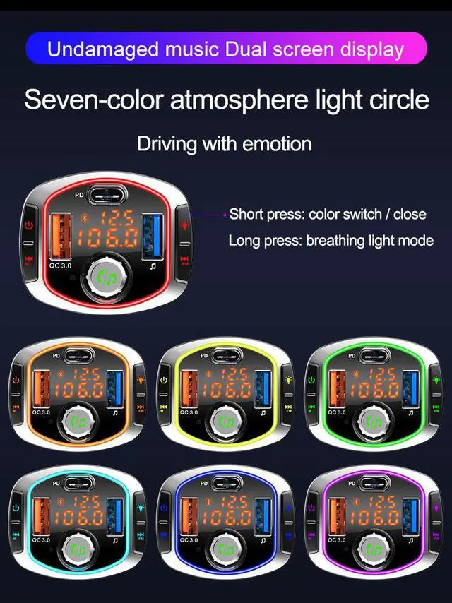 Alt view image 6 of 7 - Jansicotek Wireless in-Car Bluetooth 5.0 FM Transmitter Radio Adapter Car Kit,Supports TF/SD Card and QC3.0/18W+USB-C Charging for All Smartphones Audio Players -  BC63 [7 LED Backlit]