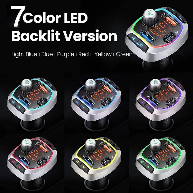 Alt view image 7 of 7 - BC63 Bluetooth 5.0 FM Transmitter for Car, Wireless Radio Adapter Handsfree Car Kit with 7 LED Backlit, QC3.0+USB-C Charging, Support USB Drive, microSD, AUX EQ, Car Battery Reading