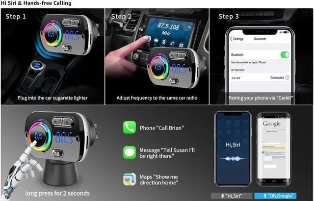 Alt view image 7 of 7 - Bluetooth FM Transmitter Car Adapter,Support Wireless Handsfree Call and MP3 Music/APP Audio Play,7 Colors LED Backlit,QC3.0 Dual USB Charger,3.5mm AUX Port for iPhone,iPad,Samsung and More