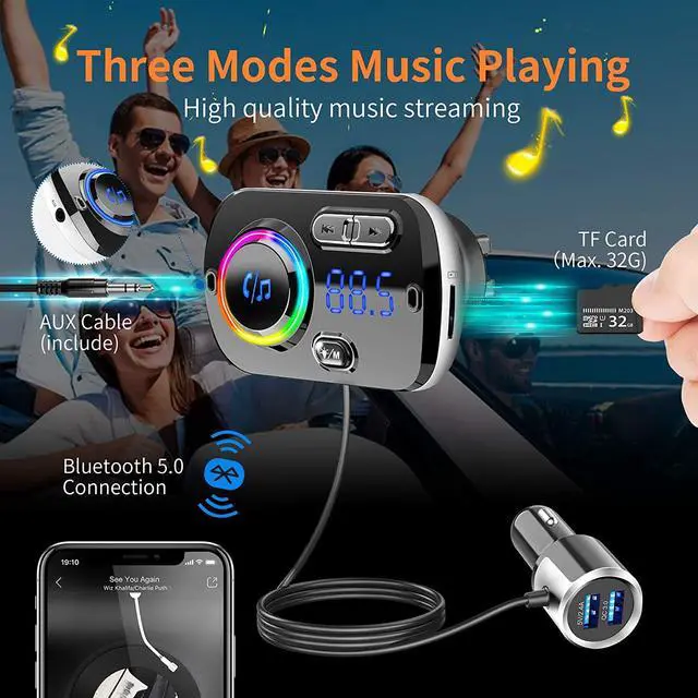 Alt view image 3 of 7 - Bluetooth FM Transmitter Car Adapter,Support Wireless Handsfree Call and MP3 Music/APP Audio Play,7 Colors LED Backlit,QC3.0 Dual USB Charger,3.5mm AUX Port for iPhone,iPad,Samsung and More