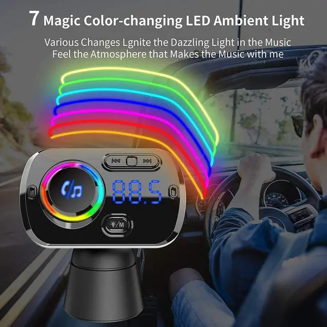 Alt view image 6 of 7 - Bluetooth FM Transmitter Car Adapter,Support Wireless Handsfree Call and MP3 Music/APP Audio Play,7 Colors LED Backlit,QC3.0 Dual USB Charger,3.5mm AUX Port for iPhone,iPad,Samsung and More