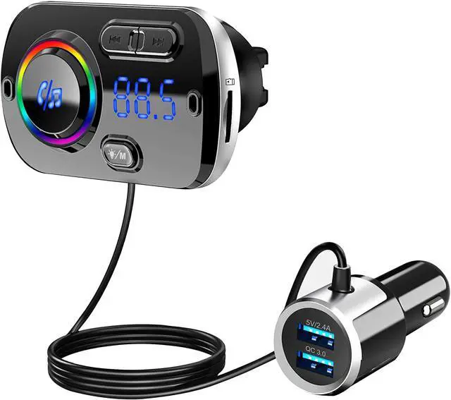 Alt view image 2 of 7 - Bluetooth 5.0 FM Transmitte, QC3.0 Wireless Bluetooth FM Radio Adapter with 7 Colors LED Backlit Hands-Free Calling, 2 USB Ports, Hi-Fi Music for All Smartphones Audio Players Support TF Card/AUX