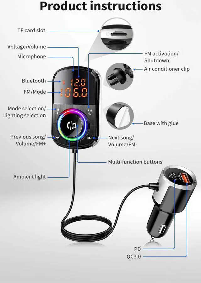 Alt view image 2 of 8 - Jansicotek BC71 (Upgraded Version) Bluetooth FM Transmitter with LED Backlit, BC71 Wireless Radio Adapter Hands-Free Car Kit, QC3.0/18W and Smart USB-C PD, Dual Screen LED Display, TF Card Mp3 Player