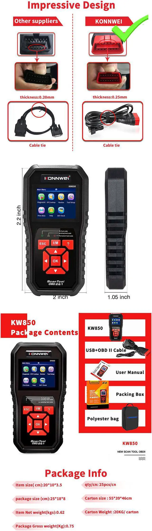 Alt view image 4 of 8 - OBD2 Scanner [KW850] Car Code Reader Scan Tool Auto OBD2 Scanner Professional Mechanic OBDII Diagnostic Tool Code Reader Tools for Check Engine Light--for All OBDII Protocol Cars Since 1996 - Black