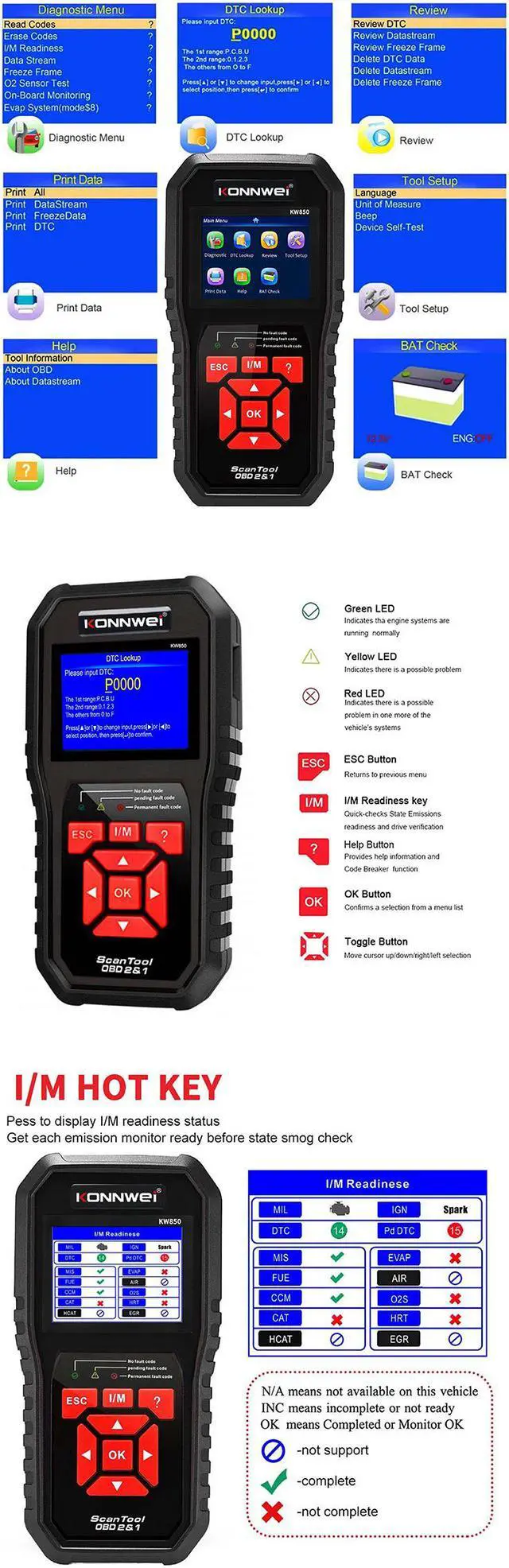 Alt view image 3 of 8 - OBD2 Scanner [KW850] Car Code Reader Scan Tool Auto OBD2 Scanner Professional Mechanic OBDII Diagnostic Tool Code Reader Tools for Check Engine Light--for All OBDII Protocol Cars Since 1996 - Black