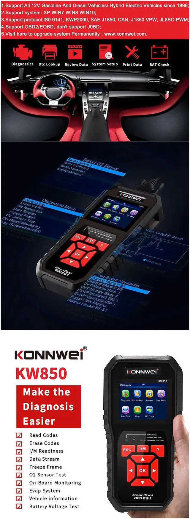 Alt view image 5 of 8 - OBD2 Scanner [KW850] Car Code Reader Scan Tool Auto OBD2 Scanner Professional Mechanic OBDII Diagnostic Tool Code Reader Tools for Check Engine Light--for All OBDII Protocol Cars Since 1996 - Black