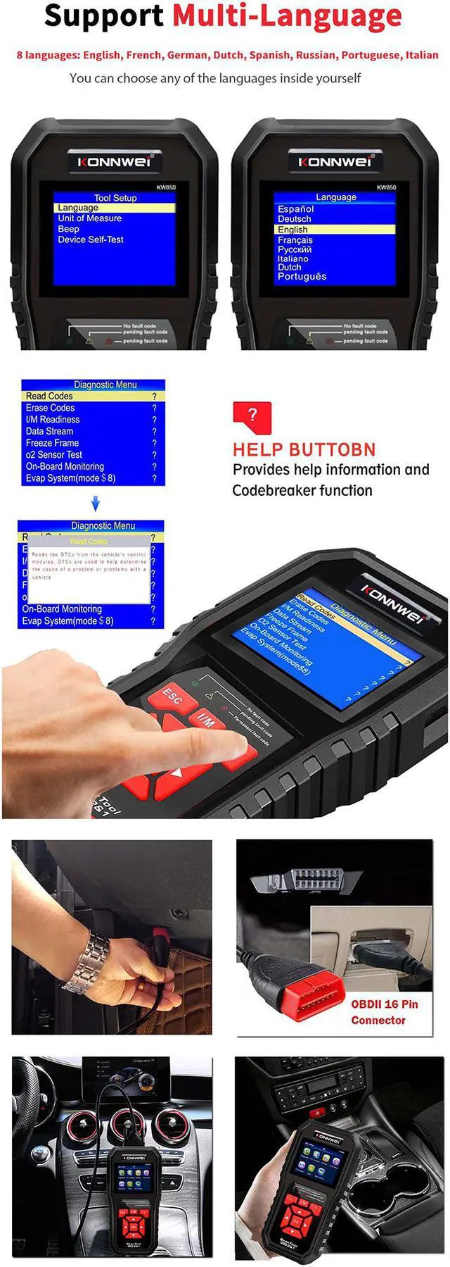 Alt view image 7 of 8 - OBD2 Scanner [KW850] Car Code Reader Scan Tool Auto OBD2 Scanner Professional Mechanic OBDII Diagnostic Tool Code Reader Tools for Check Engine Light--for All OBDII Protocol Cars Since 1996 - Black