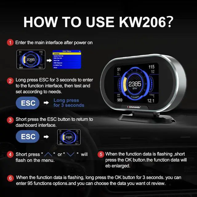 Alt view image 6 of 7 - KW206 Universal Car OBD2 HUD Head Up Display Digital Speedometer OBDII EUOBD with Speedometer Tachometer Water Temperature Fuel Pressure Tester for All 1996 and Newer Cars
