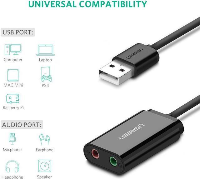 UGREEN USB to Audio Jack Sound Card Adapter with Dual TRS 3-Pole Headphone  and Microphone USB to Aux 3.5mm External Audio Converter for Windows Mac