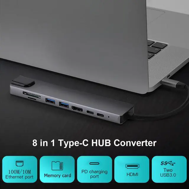 Alt view image 2 of 7 - USB C Hub, 8-in-1 USB C Adapter for MacBook/Pro/Air (Thunderbolt 3), with 4K USB-C to HDMI, RJ45 Port , 2 USB 3.0 Ports, SD/TF Cards Reader, 87W Power Delivery, Type-C Data Port