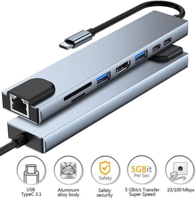 Main image of USB C Hub, 8-in-1 Type C Multiport Hub Adapter with RJ45 Ethernet, 4K HDMI, USB-C PD Charging Port,Type-C Data Port, USB3.0/USB2.0, SD/TF Cards Reader USB C Dock for MacBook/Pro/Air and More