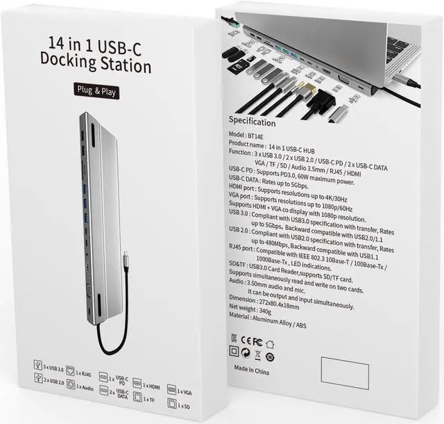 Main image of Docking Station, 14 in 1 USB C Adapter, USB C Dongle with 4K to HDMI, 87W PD Charging Port, 5 USB-A,2 USB-C, SD/TF Card Reader,3.5mm Audio, Gigablit USB-C Hub for MacBook Pro, iPad Pro, XPS