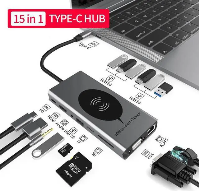Main image of 15-IN-1 USB Type C Hub Adapter with 4K HDMI-Compatible Port ,VGA, 3 USB 3.0 Ports, 4 USB 2.0 Ports, Wireless Charging, SD&Micro SD Card, PD Charging,3.5mm Audio, Gigablit for Macbook/Pro