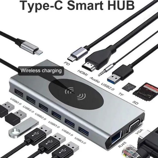 Main image of USB C Hub Adapter, 15-IN-1 USB C Hub, with 4K USB C to HDMI, 87W Power Delivery, 3 USB 3.0 Ports,4 USB 2.0 Ports,Wireless Charging, SD and microSD Card Readers,3.5mm Audio for MacBook Pro