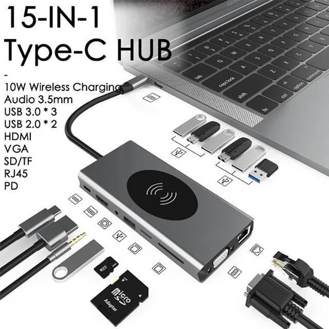 15 in 1 Aluminum USB C Hub for MacBook, Docking Station USB C Adapter with 87W Power Delivery, 4K HDMI,VGA, USB C and USB A Data Ports, SD and TF Card