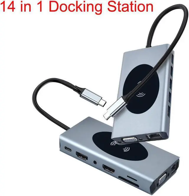 Main image of USB C Docking Station, 14 in 1 Dual Display USB C Hub Multiport Adapter with Dual HDMI, VGA, 100W PD, 5X 5Gbps USB3.0, Wireless Charging, Gigablit, SD/TF Card Slot, Audio for MacBook, Surface