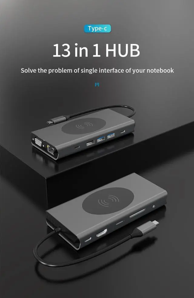 Alt view image 2 of 7 - 13 IN 1 Dual Monitor USB C Hub Multiport Docking Station Adapter with HDMI VGA Ethernet,3.5mm Audio,USB-C Data Port, Ethernet Dongle Laptop Hub 100W PD,Wireless Charging USB C Dock for MacBook/Dell