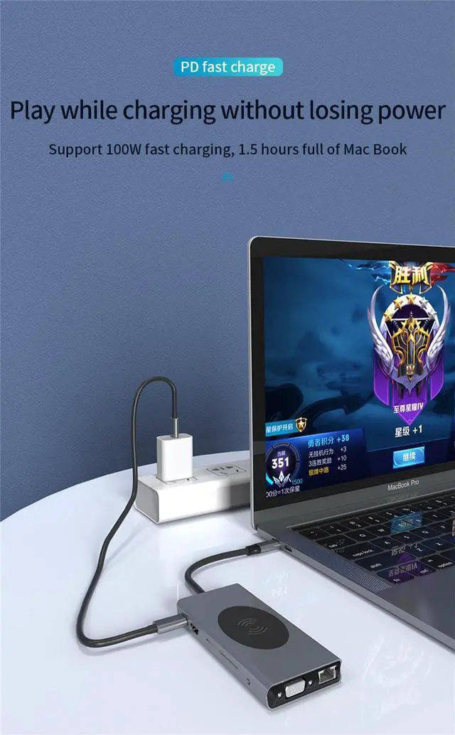 Alt view image 6 of 7 - 13 IN 1 Dual Monitor USB C Hub Multiport Docking Station Adapter with HDMI VGA Ethernet,3.5mm Audio,USB-C Data Port, Ethernet Dongle Laptop Hub 100W PD,Wireless Charging USB C Dock for MacBook/Dell