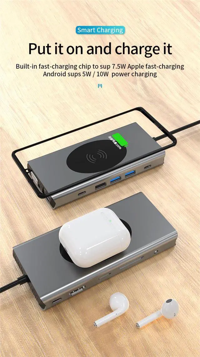 Alt view image 4 of 7 - 13 IN 1 Dual Monitor USB C Hub Multiport Docking Station Adapter with HDMI VGA Ethernet,3.5mm Audio,USB-C Data Port, Ethernet Dongle Laptop Hub 100W PD,Wireless Charging USB C Dock for MacBook/Dell