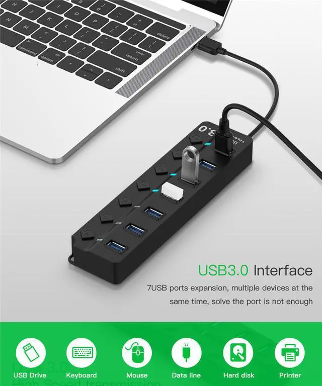Alt view image 3 of 7 - 7 Port Powered USB Hub, USB3.0 Data Hub with 7 USB 3.0 Data Port , USB Charging Hub for Mobile HDD, MacBook, iMac, Mac Pro/Mini, iPad Air, PC, Laptop, and More