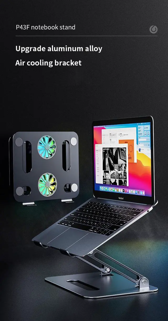Alt view image 4 of 7 - Aluminum Adjustable Laptop Tablet Stand for Desk with 2 High-speed Cooling Fan for Laptop Tablet, Ergonomic Foldable Laptop Tablet Riser Stand for All 11-17.3 Inches Tablet or Laptop Notebook