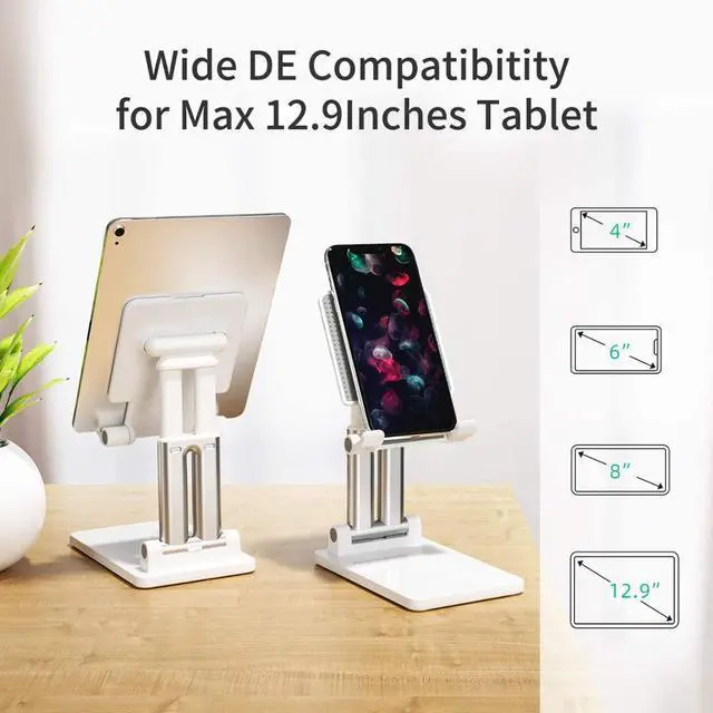 Alt view image 2 of 7 - Desk Cell Phone Stand,Exmott Portable Foldable Cellphone Stand Holder for Office,Adjustable iPhone Stand Compatible with All Mobile Phone, iPhone, iPad, Tablet 4-13'' e-Reader Desk Accessories, White