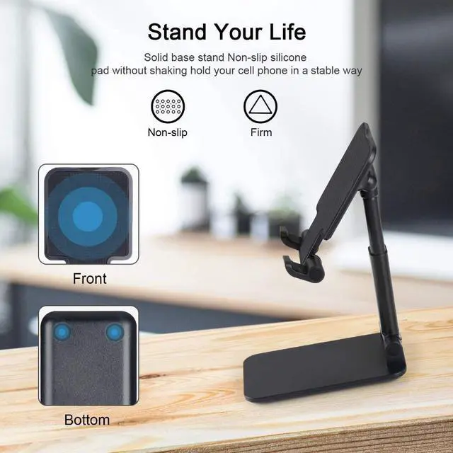 Alt view image 4 of 7 - Cell Phone Stand for Desk - Desktop Adjustable Angle Height iPhone Stand for Desk, Foldable Desktop Phone Holder, Tablet Stand Compatible for 4-12.9Inches Cell Phone/Tablet (Upgraded T9, Black)
