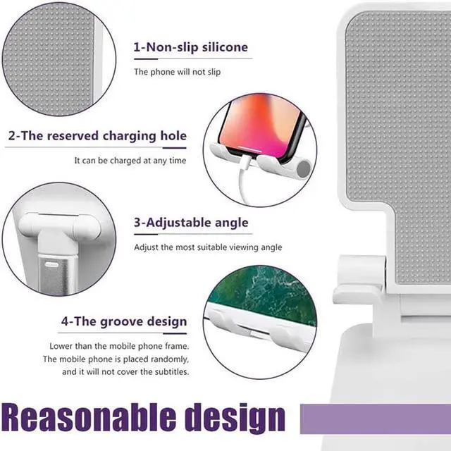 Alt view image 4 of 7 - T9 Desktop Cell Phone Stand,Portable Foldable Cellphone Stand Holder for Office,Adjustable iPhone Stand Compatible with All 4-12.9Inches Phone, iPhone, iPad, Tablet e-Reader Desk Accessories, White