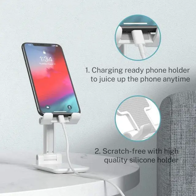 Alt view image 6 of 7 - T9 Desktop Cell Phone Stand,Portable Foldable Cellphone Stand Holder for Office,Adjustable iPhone Stand Compatible with All 4-12.9Inches Phone, iPhone, iPad, Tablet e-Reader Desk Accessories, White