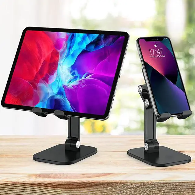 Main image of Cell Phone Stand for Desk - Desktop Adjustable Angle Height iPhone Stand for Desk, Foldable Desktop Phone Holder, Tablet Stand Compatible for 4-12.9Inches iPhone,iPad,Tablet, Kindle (Upgraded, Black)