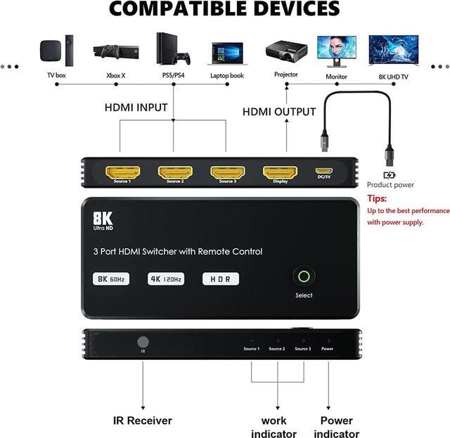 Alt view image 3 of 7 - Jansicotek Aluminum Shell HDMI 2.1 Switcher with IR Remote, 8K Directional 8K@60Hz 4K@120Hz 1440P@165Hz 1080P@240Hz 3in 1out High Speed 48Gbps eARC Converter Compatible with Xbox X PS5