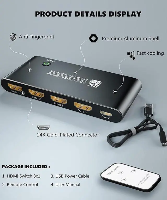 Alt view image 2 of 7 - Jansicotek Aluminum Shell HDMI Switcher with Remote Control, HDMI-compatible 2.1 3 in 1 out Ultra speed 48Gbps 8K@60Hz 4K@120Hz Switch adapter With switch button For HDTV Projector