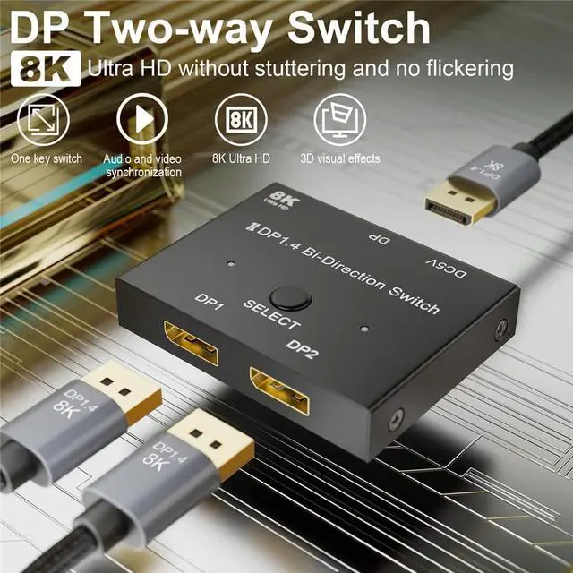Alt view image 2 of 8 - 8K DisplayPort 1.4 Switch, DP Switcher Converter Bi-Directional DP Splitter 1X2/2X1 , 8K@30Hz 4K@120Hz 2K@144Hz Compatible with PC Host Monitor Laptop etc