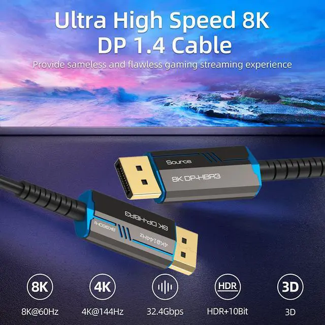 Alt view image 5 of 7 - 8K Long DP Fiber Optic Cable 16Feet/5m, Jansicotek Displayport 1.4 Cable, 32.4Gbps Ultra High Speed, 8K@60Hz, 4K@144Hz, Support HBR3, DSC 1.2, HDR10, Compatible with Graphics Card, Projector, Monitor