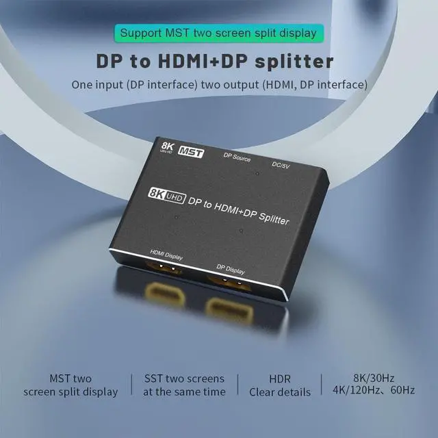 Alt view image 2 of 7 - 8K Displayport Splitter, 8K Display Port to HDMI and DP, Displayport MST Hub Support DP 1.4 in to DP1.4 & HDMI 2.1 Out at 8K@30Hz 4K@144Hz