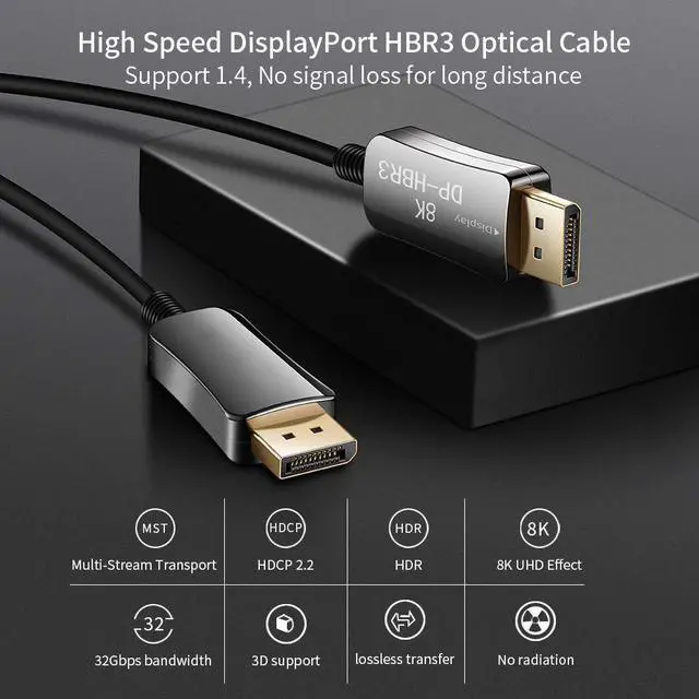 Alt view image 2 of 7 - DP Fiber Cable 100ft, Displayport Fiber Optic Cable High Speed 32.4 Gbps 8K@60Hz 4K@165Hz 2K@144Hz DP1.4, Fiber DP to DP Cable Slim and Flexible, Gold Plated Connector (In Wall)