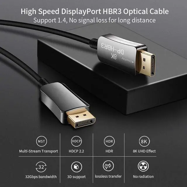 Alt view image 2 of 7 - Jansicotek Fiber DisplayPort Cable 330ft, Fiber Optic Displayport 1.4 Cable Supports 8K@60Hz, 4K@144Hz, 32.4Gbps, Slim and Flexible Fiber DP to DP Cable(In Wall)