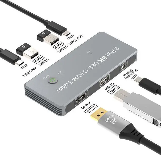 Main image of 8K KVM Switch DP 2 Computers Share 1 Monitors and USB hub, 2 USB C PC Input, 1 DP Monitor Output, One Button Switch, Share Keyboard Mouse U disks Switcher, with 2 USB-C Cable and 1 USB-C Power Cable