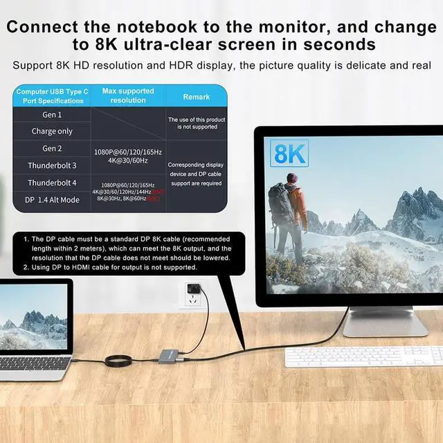 Alt view image 5 of 7 - 8K KVM Switch DP 2 Computers Share 1 Monitors and USB hub, 2 USB C PC Input, 1 DP Monitor Output, One Button Switch, Share Keyboard Mouse U disks Switcher, with 2 USB-C Cable and 1 USB-C Power Cable